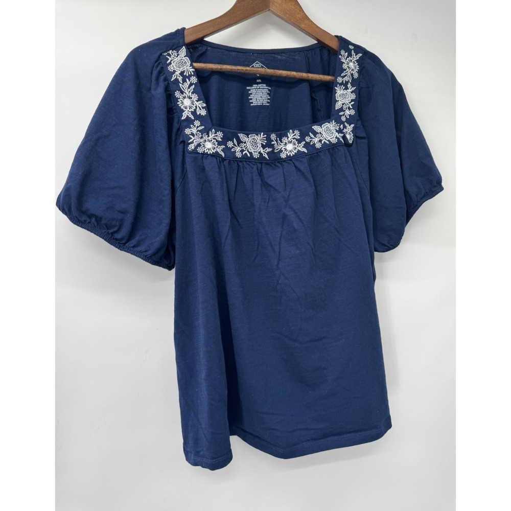 St Johns Bay Navy white Embroidered Floral Boho Peasant cottagecore puff sleeve